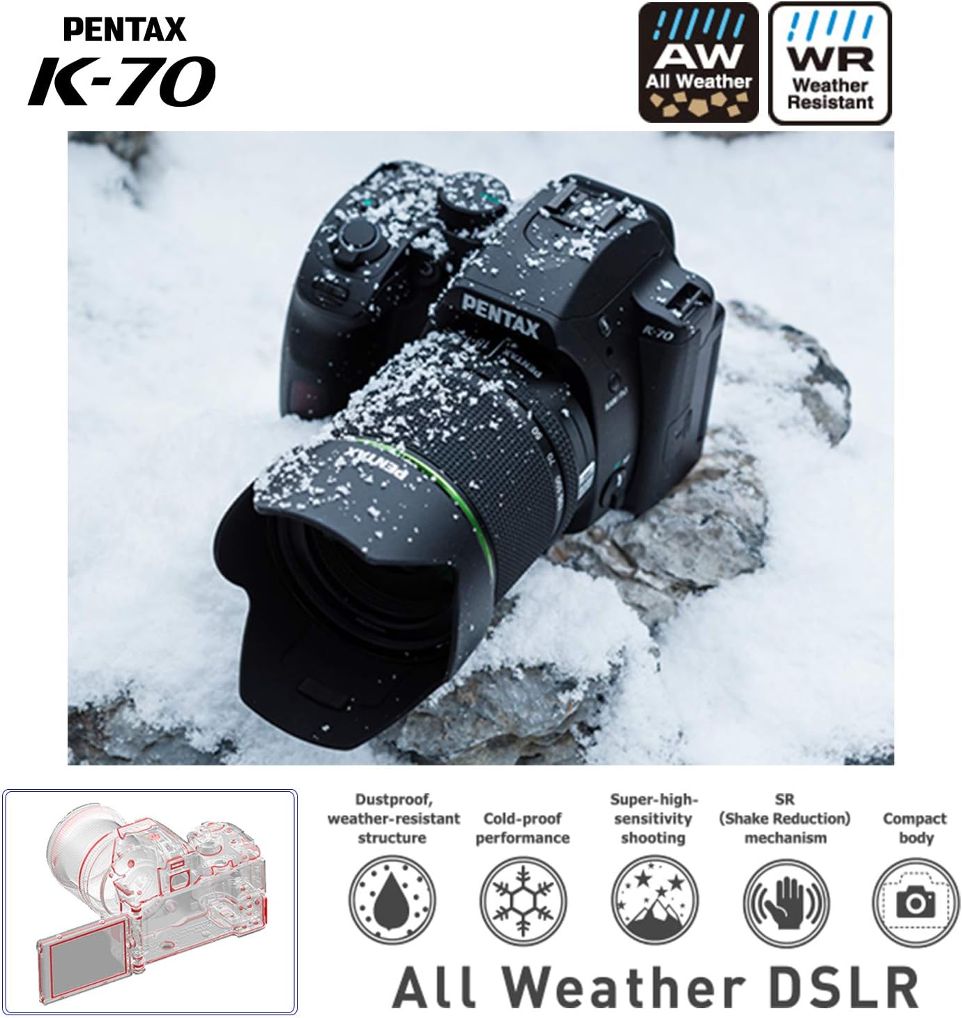 Pentax K-70 Weather-Sealed DSLR Camera, Body Only (Black)