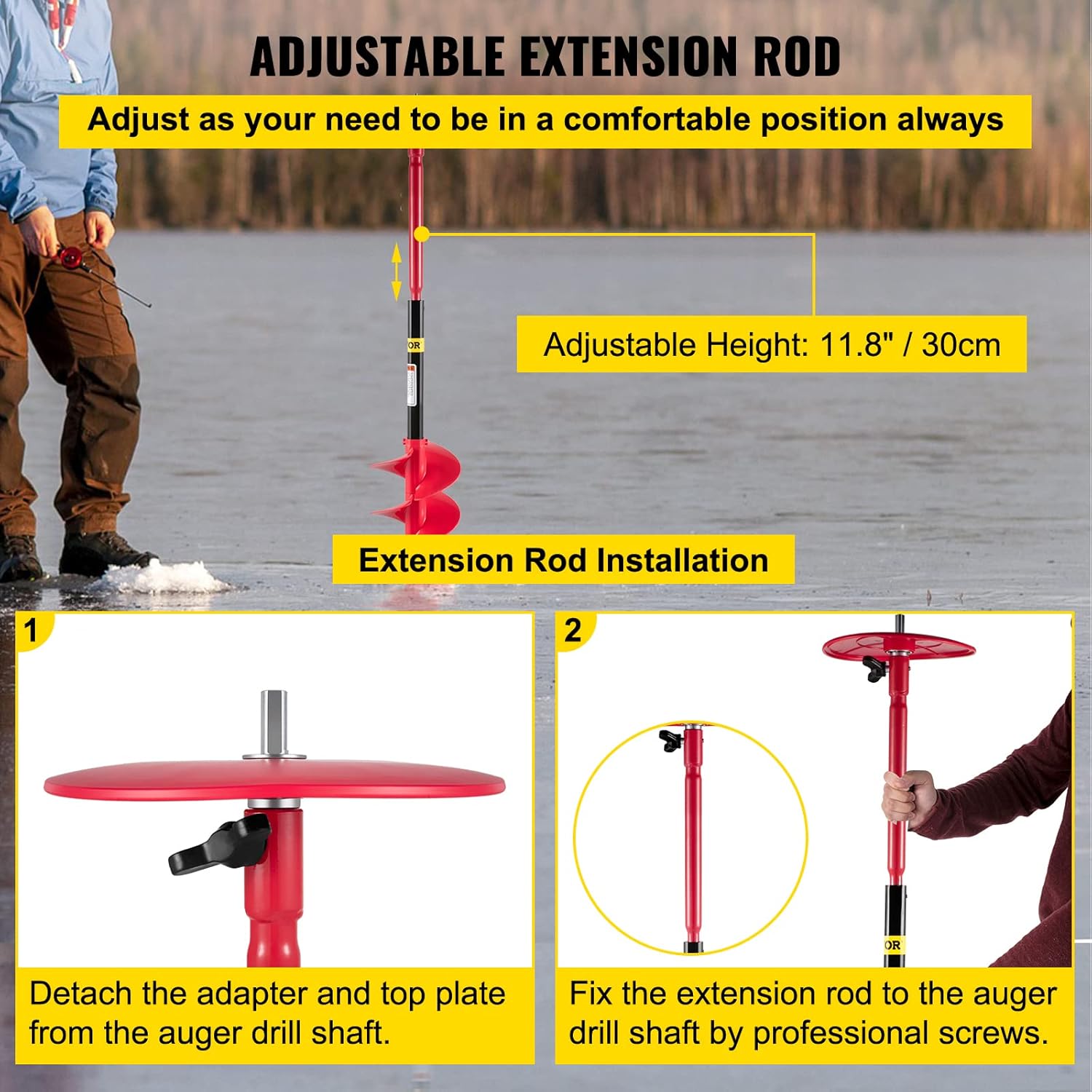 VEVOR Ice Drill Auger, 6" Diameter Nylon Ice Auger, 39" Length Ice Auger Bit,Auger Drill with 11.8" Extension Rod,Auger Bit w/ Drill Adapter,Top Plate & Blade Guard for Ice Fishing Ice Burrowing Red
