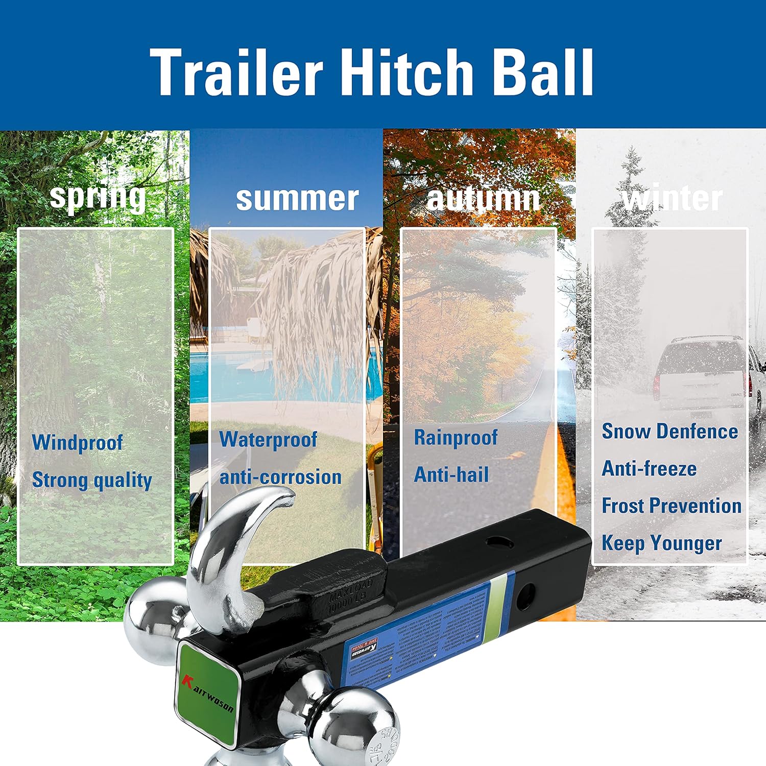 KAITWOSON Trailer Hitch Tri Ball Mount with Hook, 1-7/8,2,2-5/16-inch Hitch Balls, Chrome Pack of 2