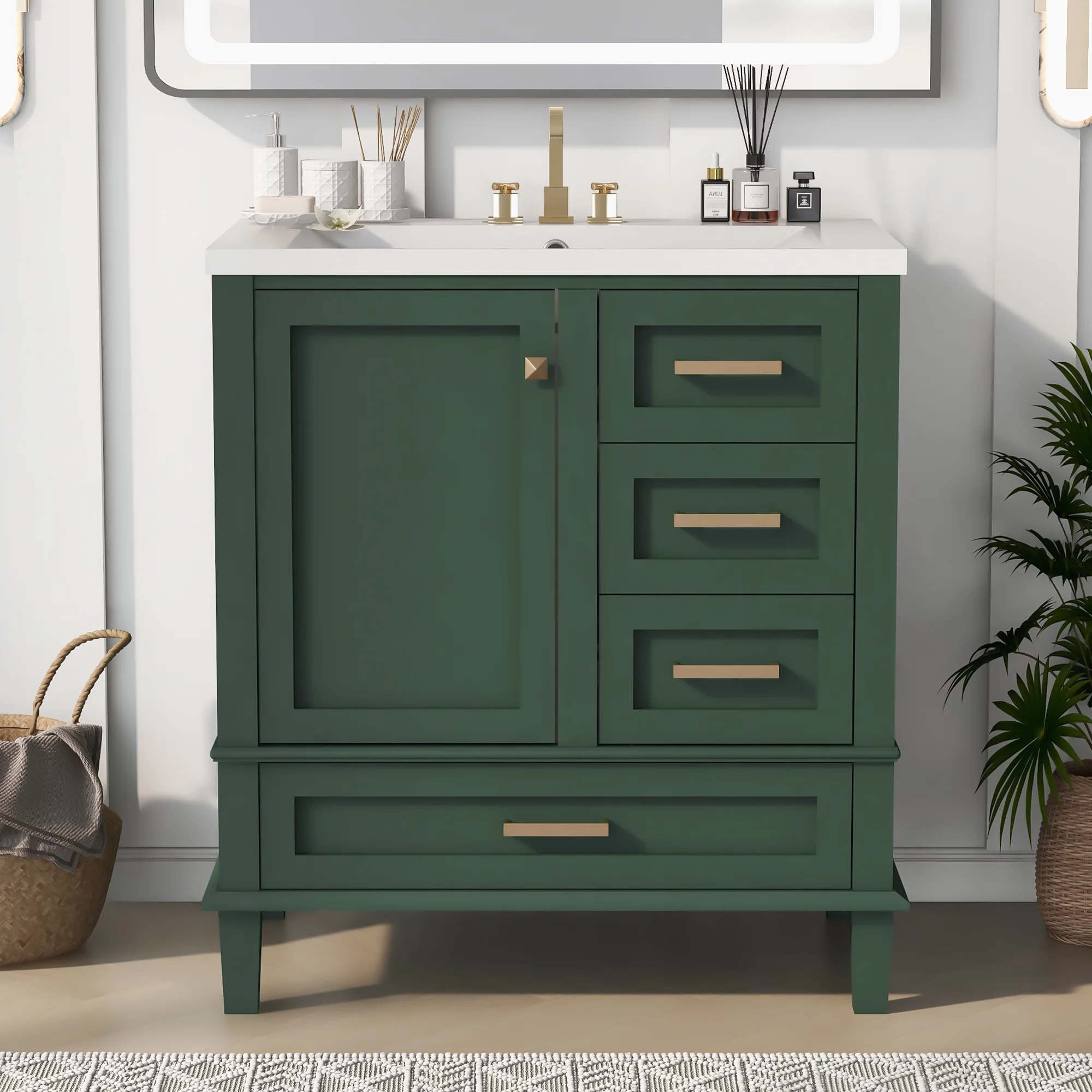 EUROCO 30" Modern Bathroom Vanity Cabinet Solid Wood with Top Basin,Bathroom Storage Cabinet with Soft Closing Door and 3 Drawers,Green