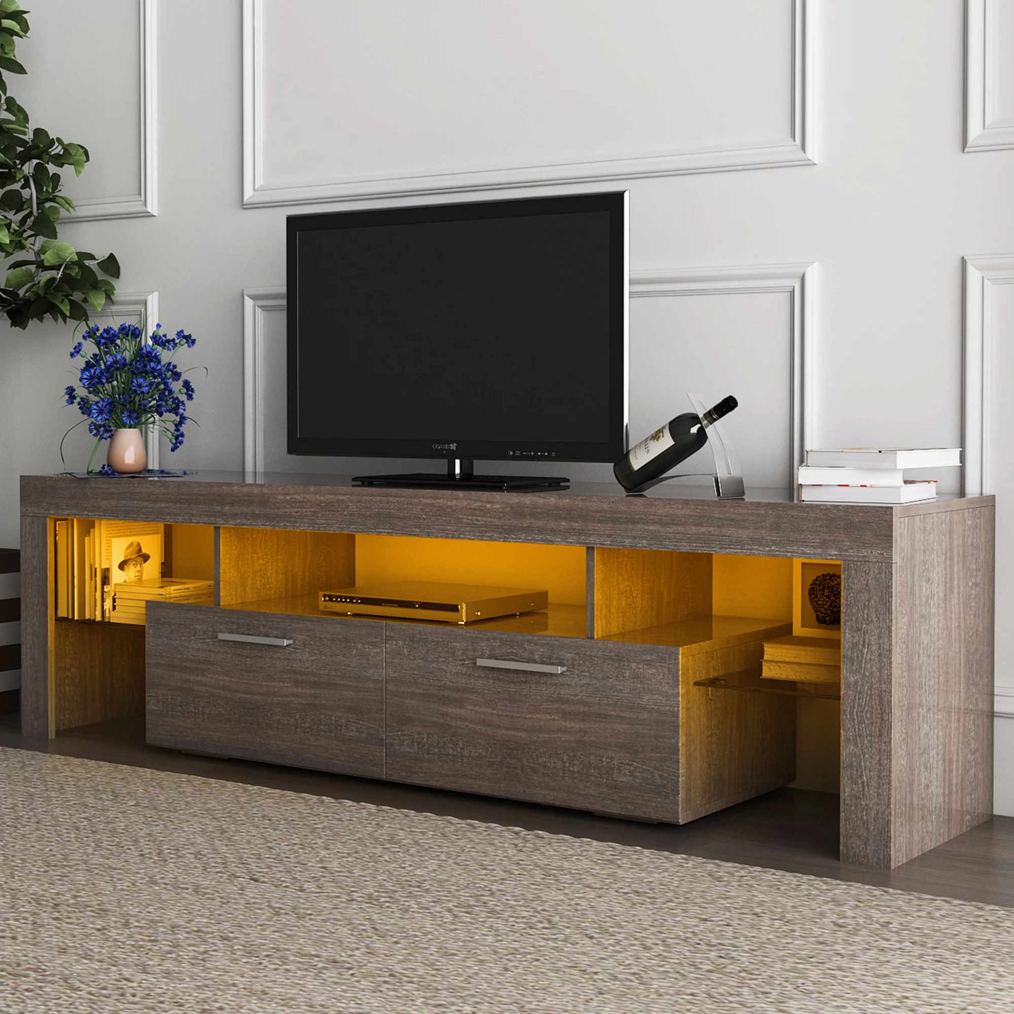 SYNGAR Brown TV Stand for Living Room up to 70" TV, Farmhouse TV Console Table Buffet Cabinet with Storage, Rustic Wooden TV Cabinet with 16-Color LED Lights, Entertainment Center, 63"L×14"W×18"H