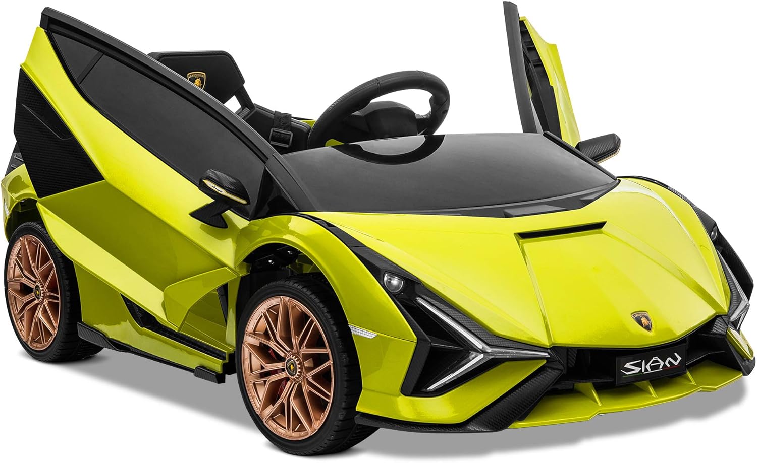 Kidzone Kids 12V Electric Ride On Licensed Lamborghini Sian Roadster Motorized Toy Car with Remote Control, Wheels Suspension, LED Lights & Music – Green with Gold Rim