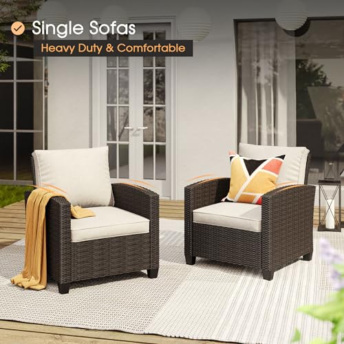 VICLLAX 6 Pieces Patio Furniture Set with 45-Inch Firepit Table, Outdoor Wicker Conversation Set with 3-seat Sofa, 4 Single Wicker Sofas and Metal Top Fire Pit Table for Garden, Poolside, Backyard