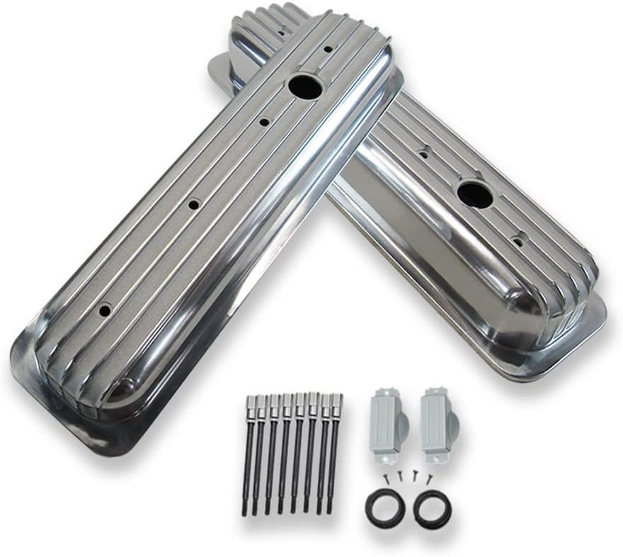 DEMOTOR PERFORMANCE Short Finned Center Bolt Valve Covers for SBC 305 350 with 15" Oval Air Cleaner and Breather Caps