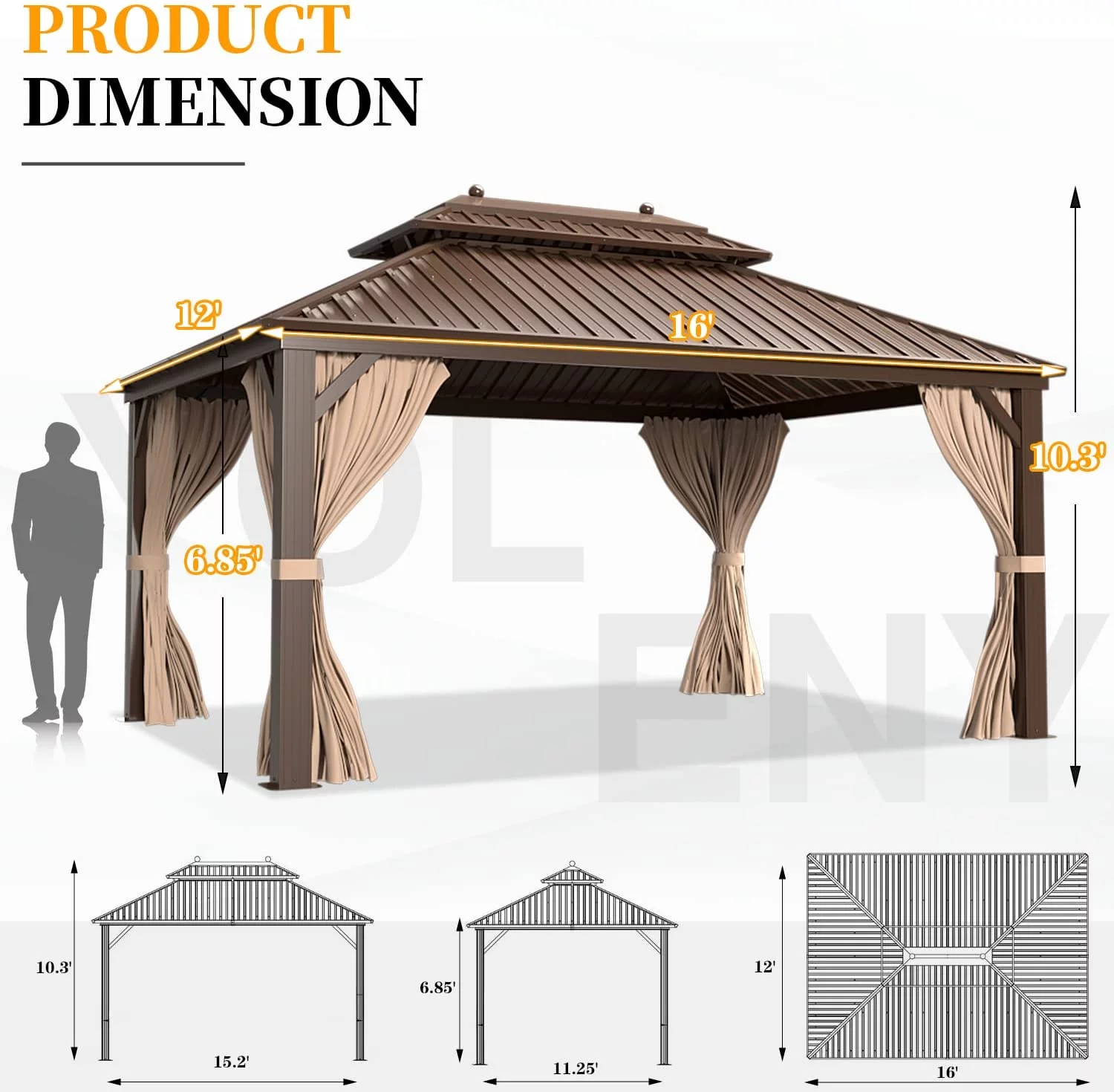Erinnyees 12 ft x 16 ft Hardtop Gazebo Steel Outdoor Double Vented Roof Shade for Patio, Brown