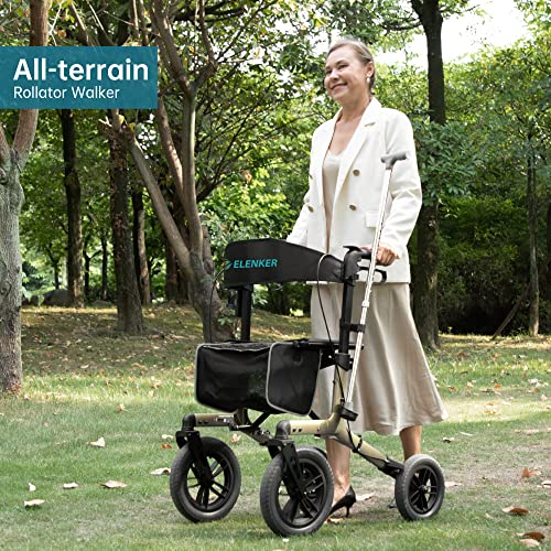 ELENKER All-Terrain Rollator Walker with Non-Pneumatic Tire 12” Front Rubber Wheels, Compact Folding Design for Seniors (Orange)