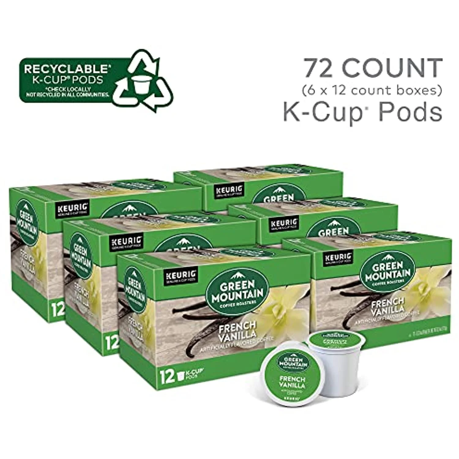 Green Mountain Coffee Roasters French Vanilla, Single-Serve Keurig K-Cup Pods, Flavored Light Roast Coffee, 72 Count
