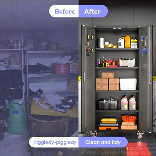 Aobabo Garage Storage Cabinet with Wheels,72" H Metal Storage Cabinet with 2 Doors and 4 Adjustable Shelves for Garage Home, Black,Required-Assembly