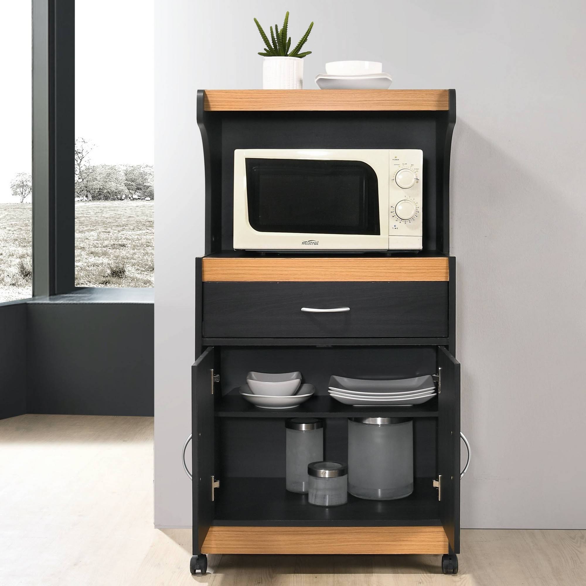 Hodedah Microwave Kitchen Cart, Black-Beech