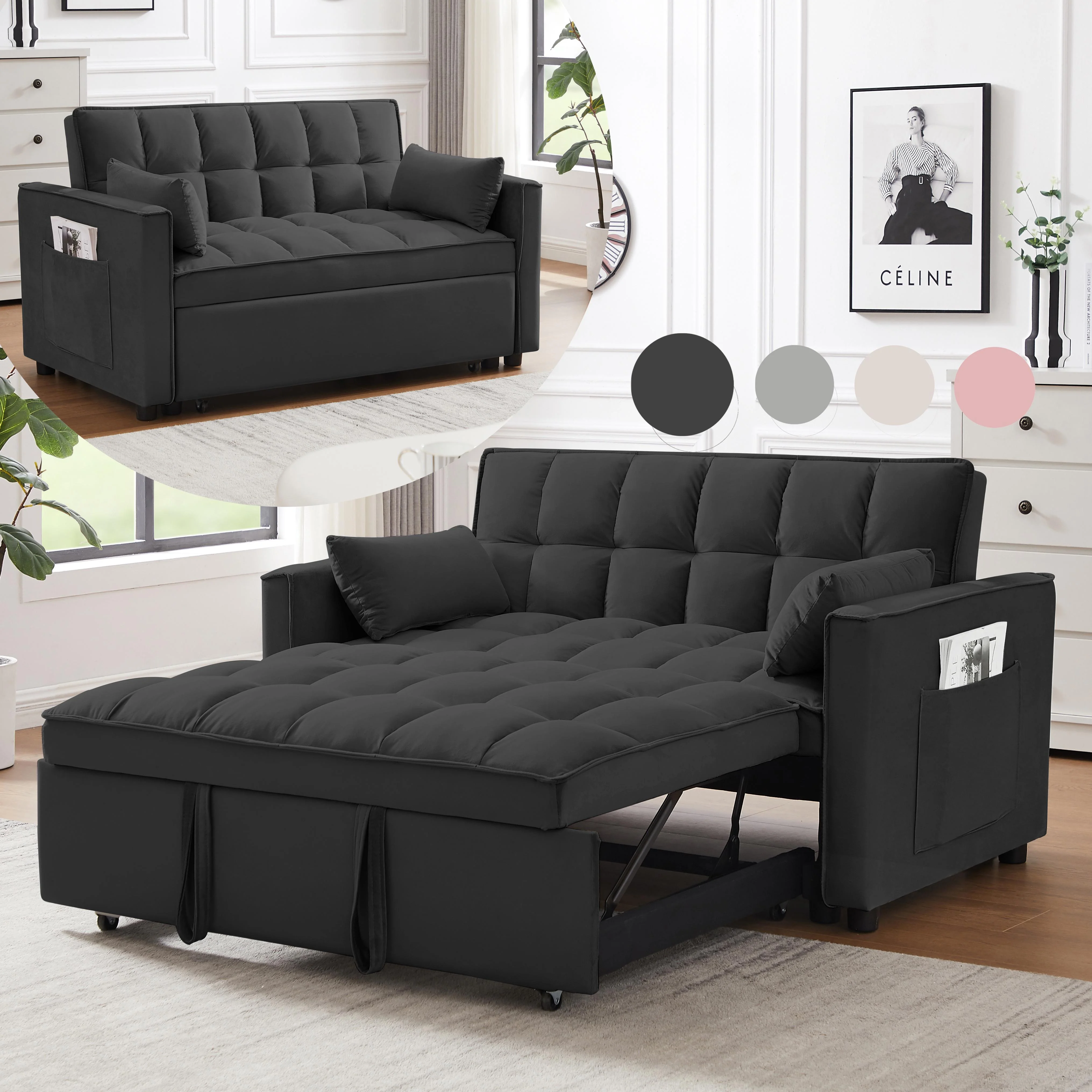 Bellemave Sleeper Sofa Bed 3-in-1 Convertible Couch with Pullout Bed, Futon 2-Seater Loveseat with Toss Pillows and Storage Pockets, 3 Level Adjustable Backrest Sofa for Living Room （Black） - Curated Treasures Market