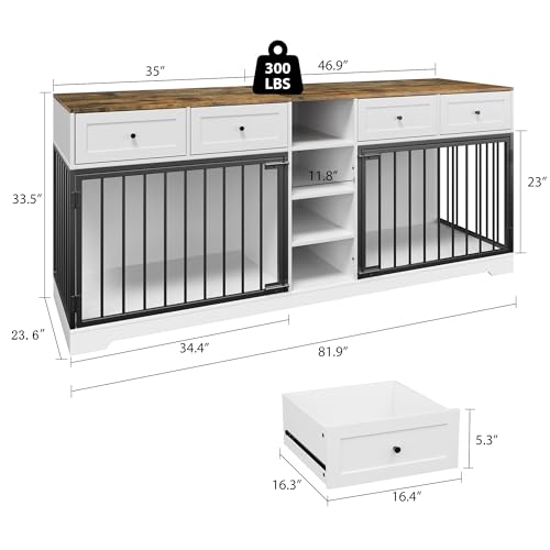 GarveeHome 82” Double Dog Crate Furniture, Large Dog Kennel Indoor for 2 Dogs, Heavy Duty Wooden Dog Crate TV Stand with 4 Drawers and Shelves, White