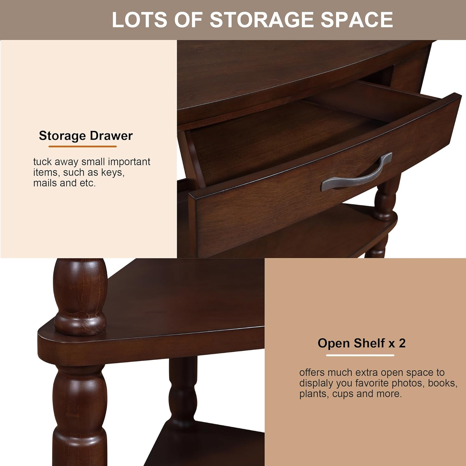Classical Triangle Corner Table, Wood Corner Side Table with 1 Storage Drawer, 3 Tier End Corner Table with Solid Wood Legs for Small Spaces, Living Room,Bedroom, Light Espresso