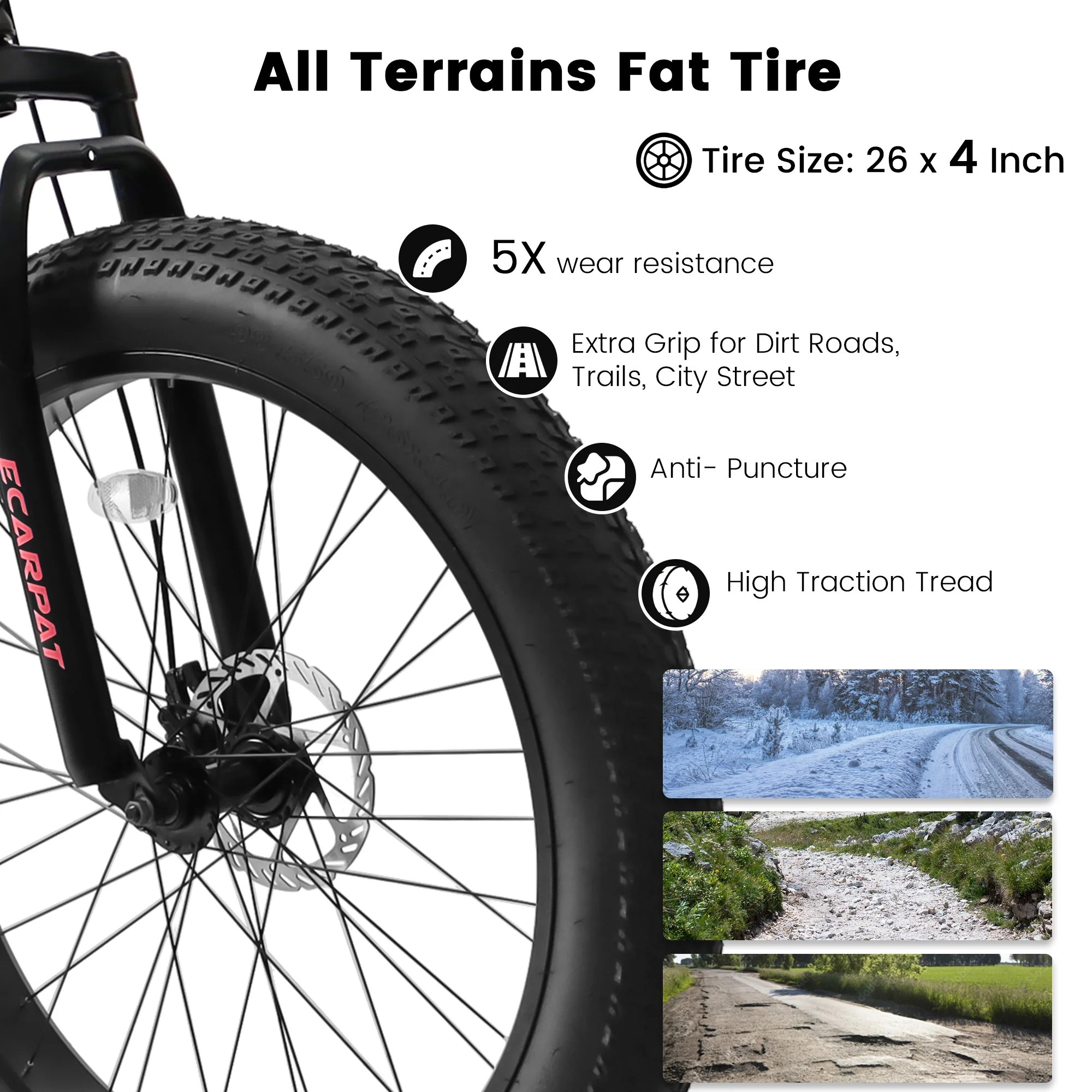 Ecarpat 26 Inch Fat Tires Mountain Bike, 4-Inch Wide Wheel, 21-Speed Disc Brakes, Mens Womens Trail Beach Snow Commuter City Mountain Bike, Carbon Steel Frame Front Fork Bicycles