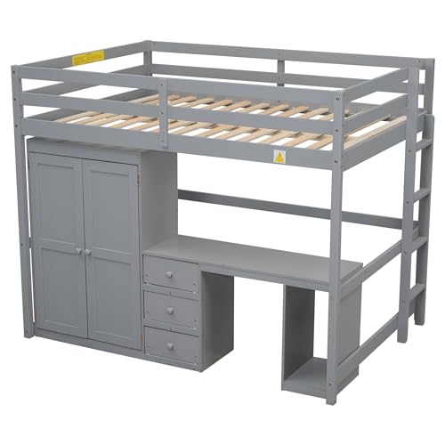 Full Size Loft Bed with Wardrobe, Desk, Storage Drawers, Large Storage Space, Space-Saving Design, Solid Pine Wood, MDF Build, Modern Design, Noise-Free, Safety Features, Ideal for Kids, Gray
