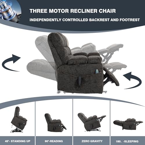 Light Grey Recliner Chair for Elderly | Tall and Big Man 400lbs | Chenille | Power Lift, Lay Flat, Stand Up, Wireless Charging Device, Extended Footrest, Massage Heat, Cup Holder, Lumbar Pillow