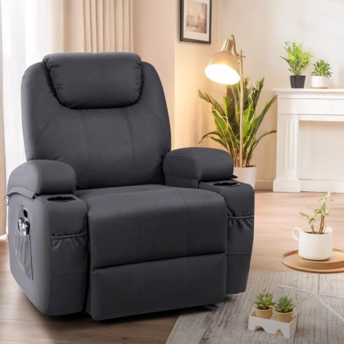 Flamaker Power Lift Recliner Chair PU Leather with Massage for Elderly Ergonomic Lounge Chair Classic Single Sofa with 2 Cup Holders Side Pockets Home Theater Seat (Leather, Light Black)
