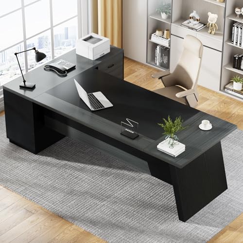 Tribesigns L-Shaped Executive Desk, 78" Modern Office Desk with Drawers and Lateral File Cabinet, Large Computer Desk with Storage Shelves, Workstation for Home Office (Walnut + Black)