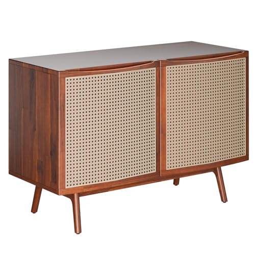 Bme Nancy Solid Acacia Wood Coffee Table for Living Room, Spacious Oval-Shaped 237 Lbs Top Capacity, Rattan Shelf Below, Mid Century, Rustic and Modern Style Living Room Furniture, Dark Chocolate