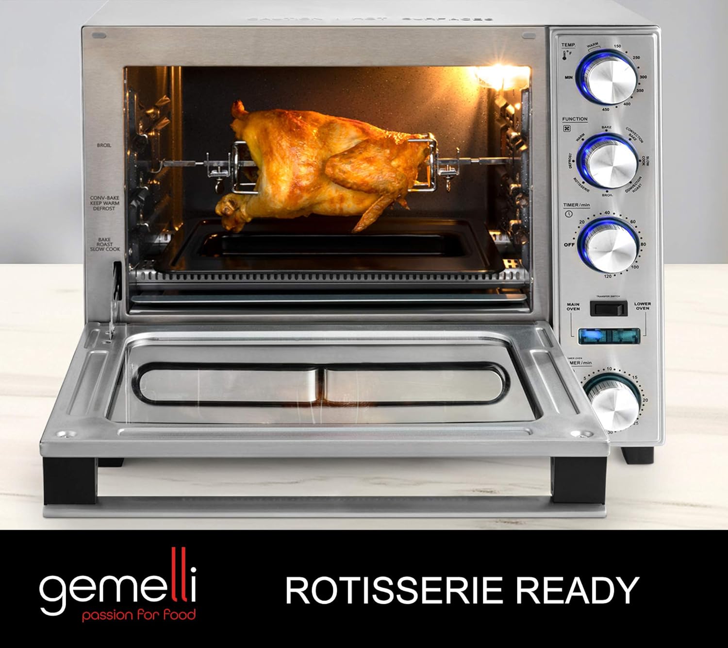 Oven, Professional Grade Convection Oven with Built-In Rotisserie and Convenience/Pizza Drawer, Countertop Sized, Stainless Steel Finish