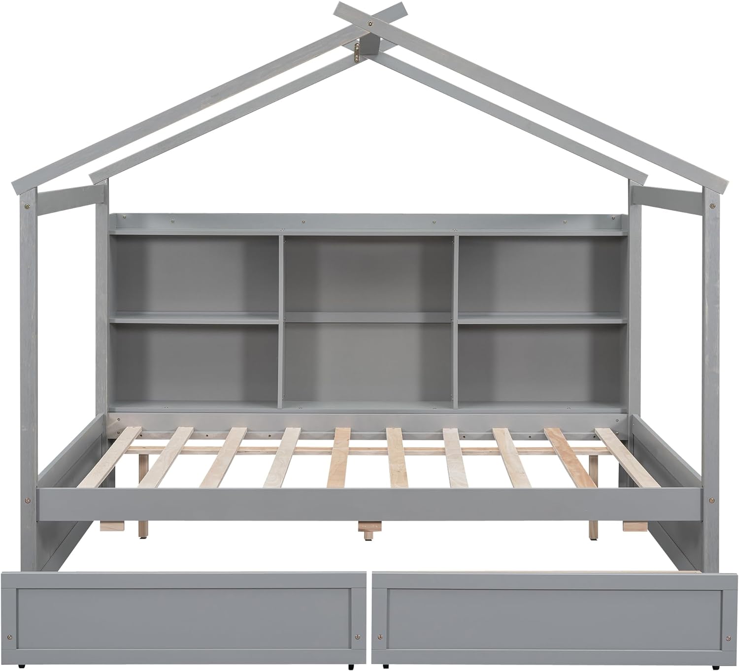 House Bed with Storage, Full Size House Bed with Storage Shelves and 2 Drawers, Wood Bed Frame with Roof for Kids, Teens, Boys or Girls, Easy Assembly (with Drawers)