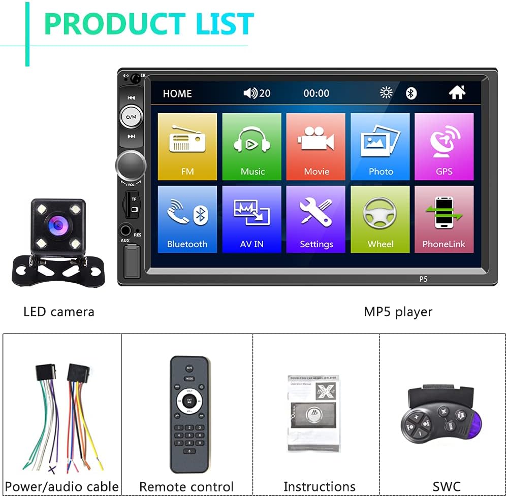 Double Din Touch Screen Car Stereo with Bluetooth and Backup Camera, Rimoody 7 inch Car Radio with FM Radio Mirror Link AUX USB SD Port Car Audio Receiver Steering Wheel Control