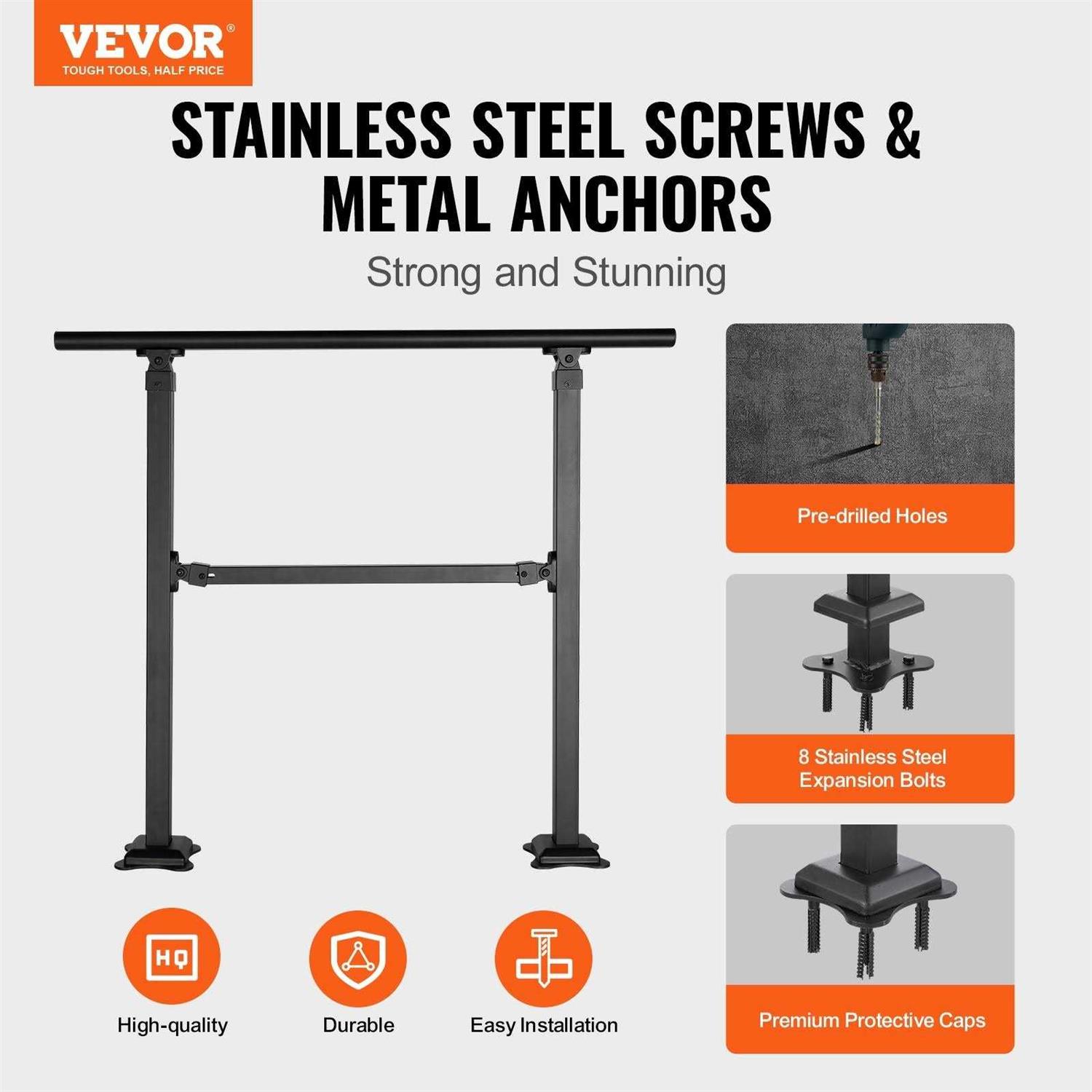 VEVOR Stair Handrail Railing, 3 ft, 3 Steps Handrails for Outdoor, Carbon Steel and Metal Hand Rail with Installation Kit - Shop Hardware Tools Online Store