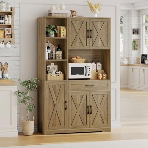 HOSTACK 71" Tall Kitchen Pantry Storage Cabinet, Farmhouse Food Pantry Cabinet with Microwave Stand, Barn Doors Kitchen Hutch with Large Drawer and Shelves for Dining Room, Ash Grey