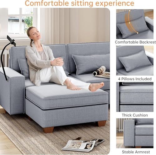 Modular Sectional Sofa, Convertible U Shaped Sofa Couch with Central Console & USB Ports, 7 Seat Modular Sectionals Couch with Chaise and Storage for Living Room, Light Grey