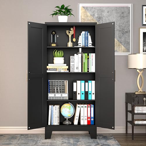 75.2" Tall Metal Pantry Cabinet, Storage Cabinets with 4 Door and 4 Adjustable Shelves, Black Kitchen Pantry Storage Cabinet, Freestanding Cupboard for Kitchen Dining Room Living Room Bathroom
