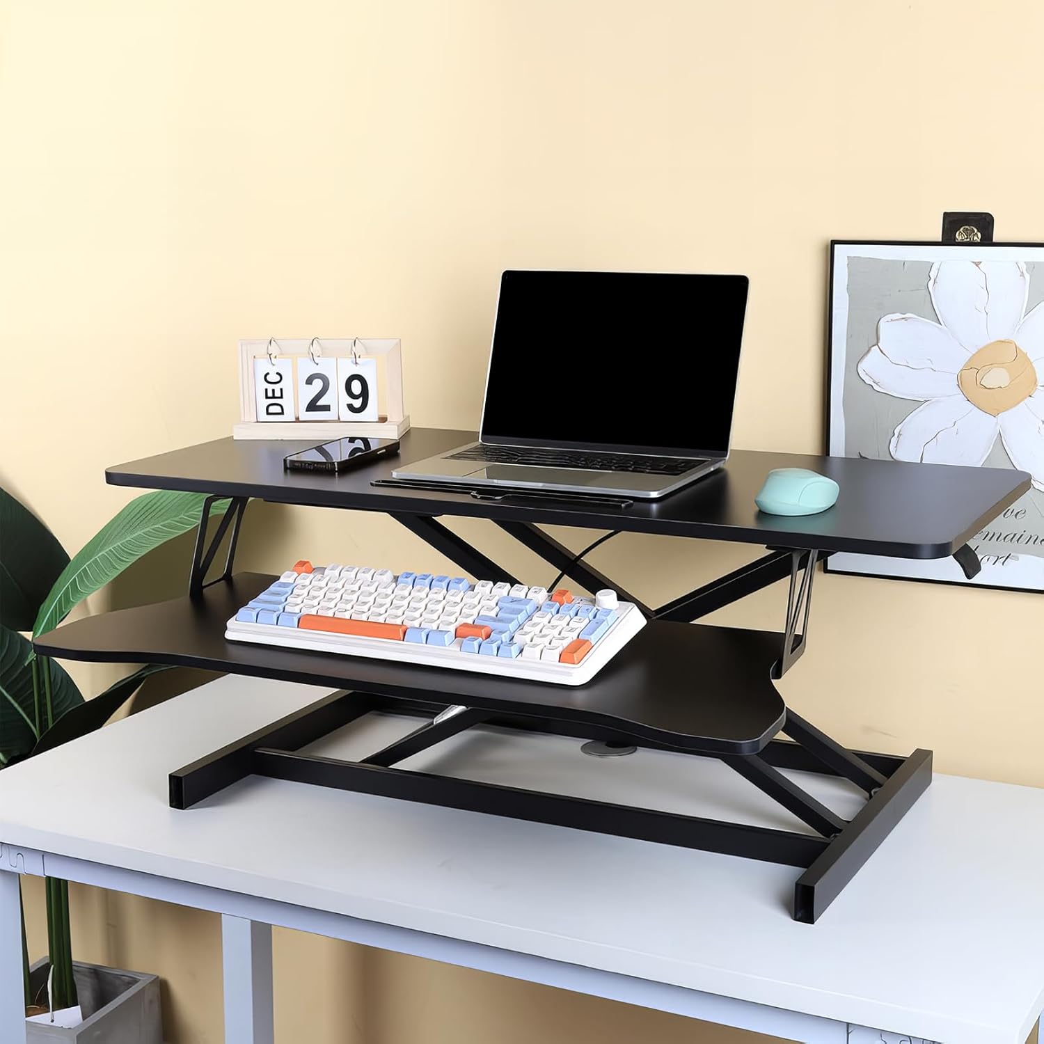 Standing Desk Converter, Stand Up Desk Riser, 32" Height Adjustable Dual-Layer Sit to Stand Desk, Desk Riser with Keyboard Tray for Home, Office, Laptop Workstation