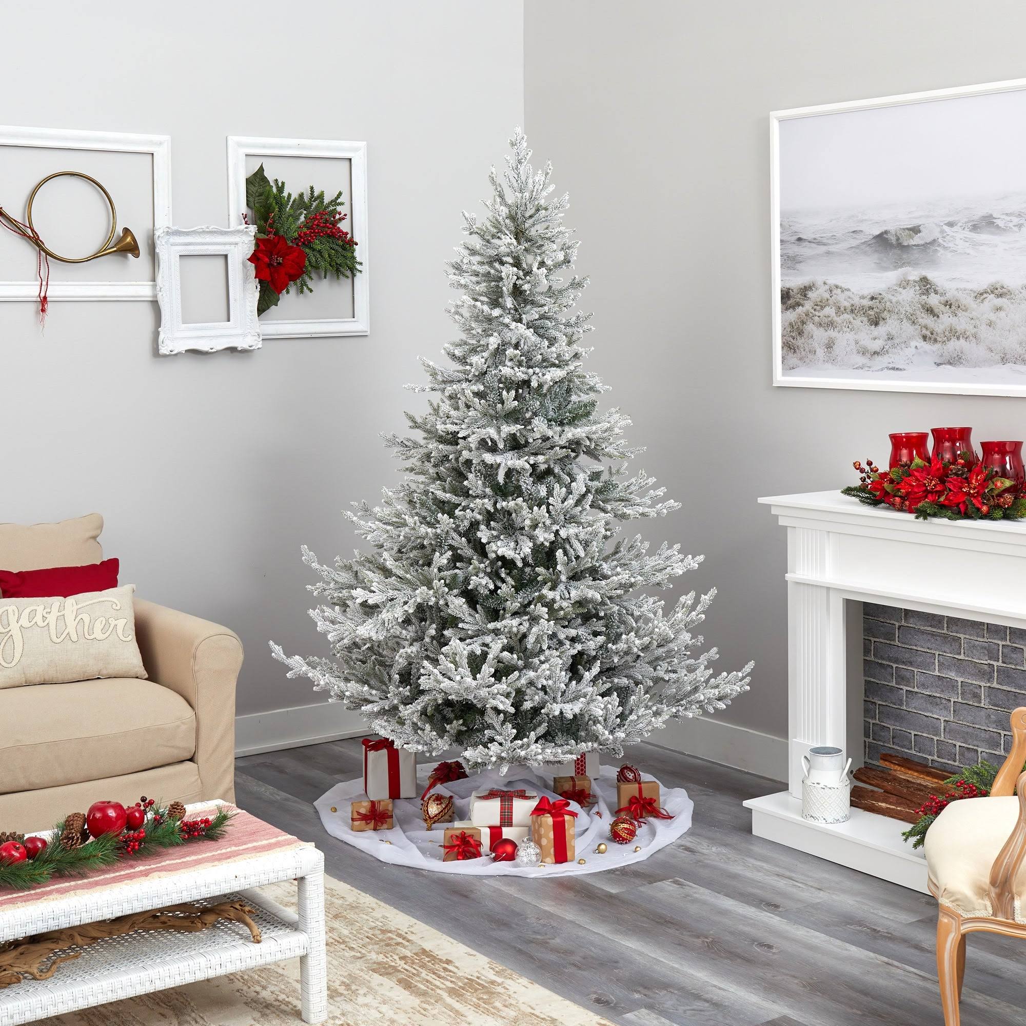 7' Flocked Fraser Fir Christmas Tree with 600 Warm White Lights - Green