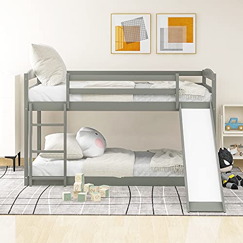Twin Over Twin Bunk Bed with Convertible Slide and Ladder,Solid Pinewood Bed Frame, Low Bunk Bed with Safety Guardrails, Suitable for Kids Teen, No Box Spring Needed, White