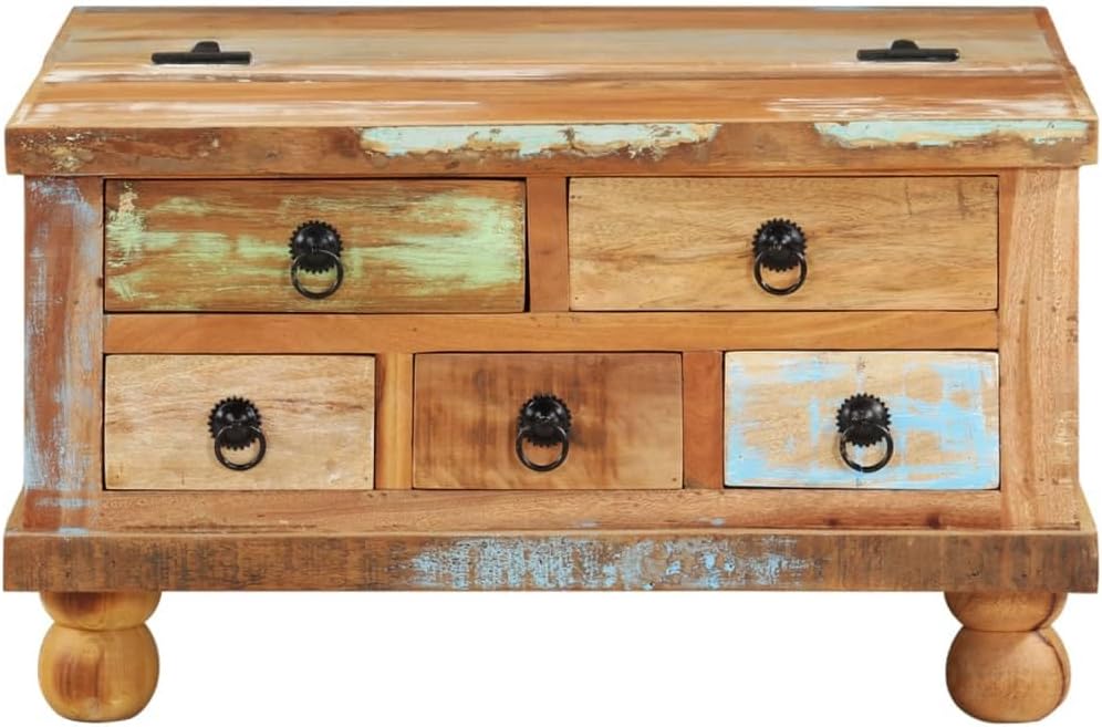 vidaXL Brown Multicolor Reclaimed Wood Coffee Table | Square Design with Large Storage Compartment | Equipped with 5 Drawers | Polished, Painted, Lacquered Finish | Ideal as End or Side Table