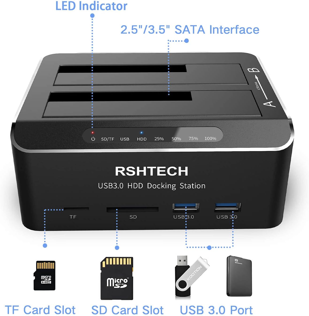 Hard Drive Docking Station RSHTECH USB 3.0 Aluminum Dual Bay Hard Drive Dock for 2.5 & 3.5 SATA HDD SSD with SD TF Card Reader and Offline Clone/Duplicator Function Support 16TB Tool-Free Pack of 2