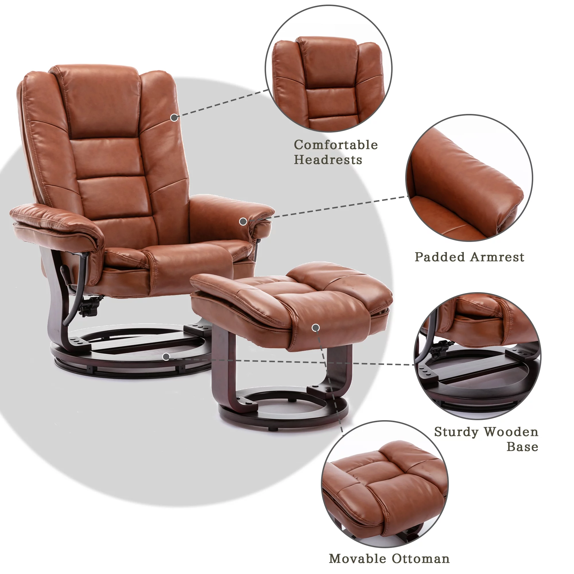 32'' Wide Manual Swivel Standard Recliner with Ottoman,Faux Leather,Brown