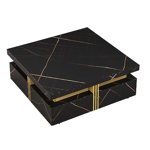 39.4'' Square Coffee Table, Marble Veneer Coffee Table Sliding Top with Storage, Wood Coffee Table Cocktail Table with 4 Hidden Storage Compartment for Living Room Home Office (Walnut * 147)