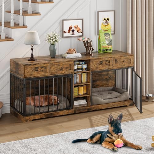 GarveeHome 82” Double Dog Crate Furniture, Large Dog Kennel Indoor for 2 Dogs, Heavy Duty Wooden Dog Crate TV Stand with 4 Drawers and Shelves, White