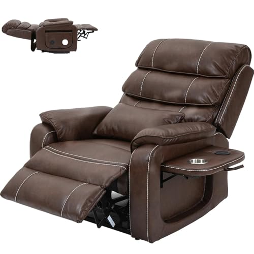 Light Grey Recliner Chair for Elderly | Tall and Big Man 400lbs | Chenille | Power Lift, Lay Flat, Stand Up, Wireless Charging Device, Extended Footrest, Massage Heat, Cup Holder, Lumbar Pillow