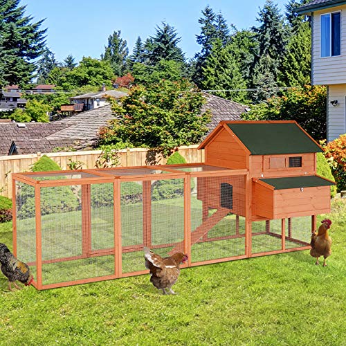 PawHut 137" Chicken Coop for 8-10 Chickens, Large Chicken House, Wooden Poultry Hen Cage with Nesting Box and Run for Backyard, Gray