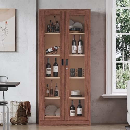 Glass Display Cabinet Liquor Cabinet with Lock,Tall Bookcase Metal Glass Storage Cabinet with 4 Adjustable Shelves,5-Tier Curio Cabinet for Home,Study,Living Room and Office (White)
