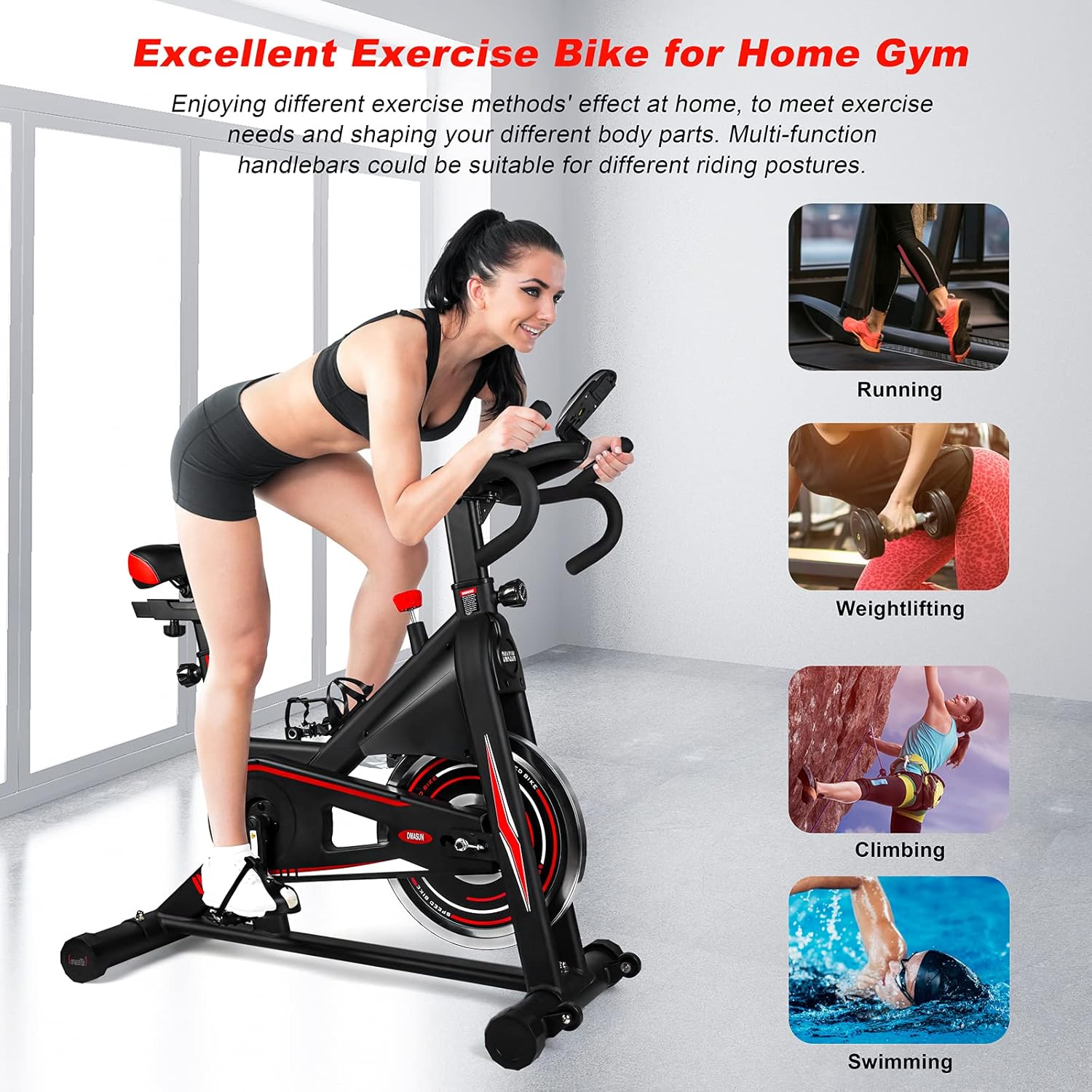 Exercise Bike, DMASUN Indoor Cycling Bike Stationary, Comfortable Seat Cushion, Multi - grips Handlebar, Heavy Flywheel Upgraded Version (Black)