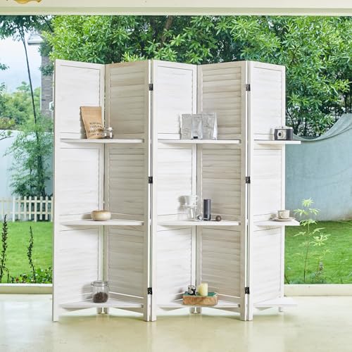 Room Divider with Shelves, 5.6 Ft Tall Folding Wood Screen with Double Hinges for Home Office Bedroom Hotel Decoration (6 Panels, Brown)
