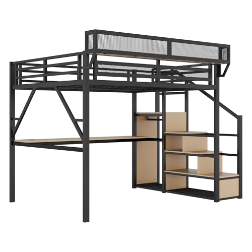 Full Size Loft Bed with Stairs and Storage, Metal Loft Bed Frame with Bedside Shelf and Large Under-Bed Space, Heavy-Duty Bed for Adults Teens and Kids, Black