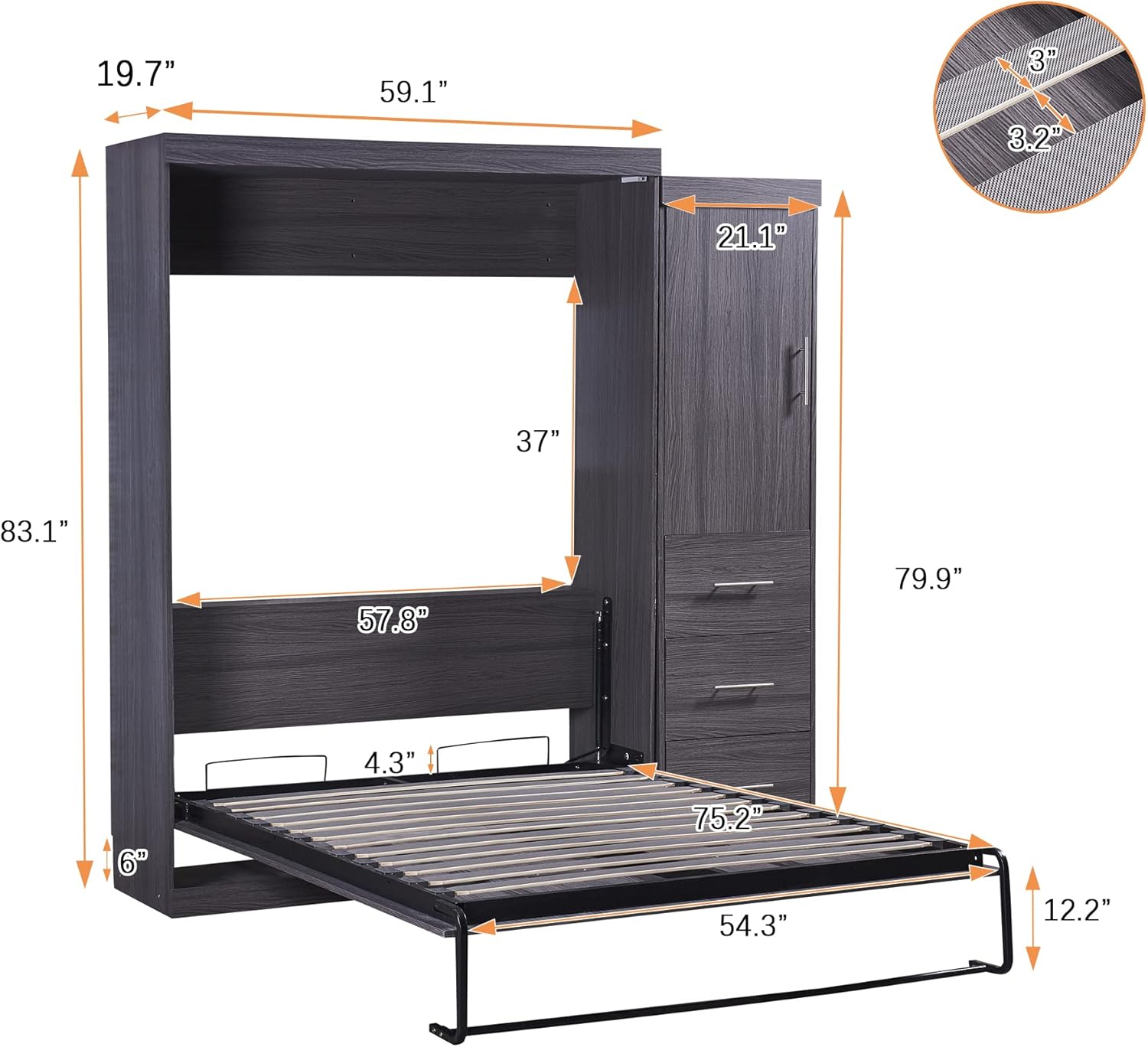 Full Size Murphy Bed Storage Cabinet, Wood Murphy Bed with Wardrobe and Drawers, can be Folded into a Cabinet, Suitable for Small Room Living Room/Bedroom