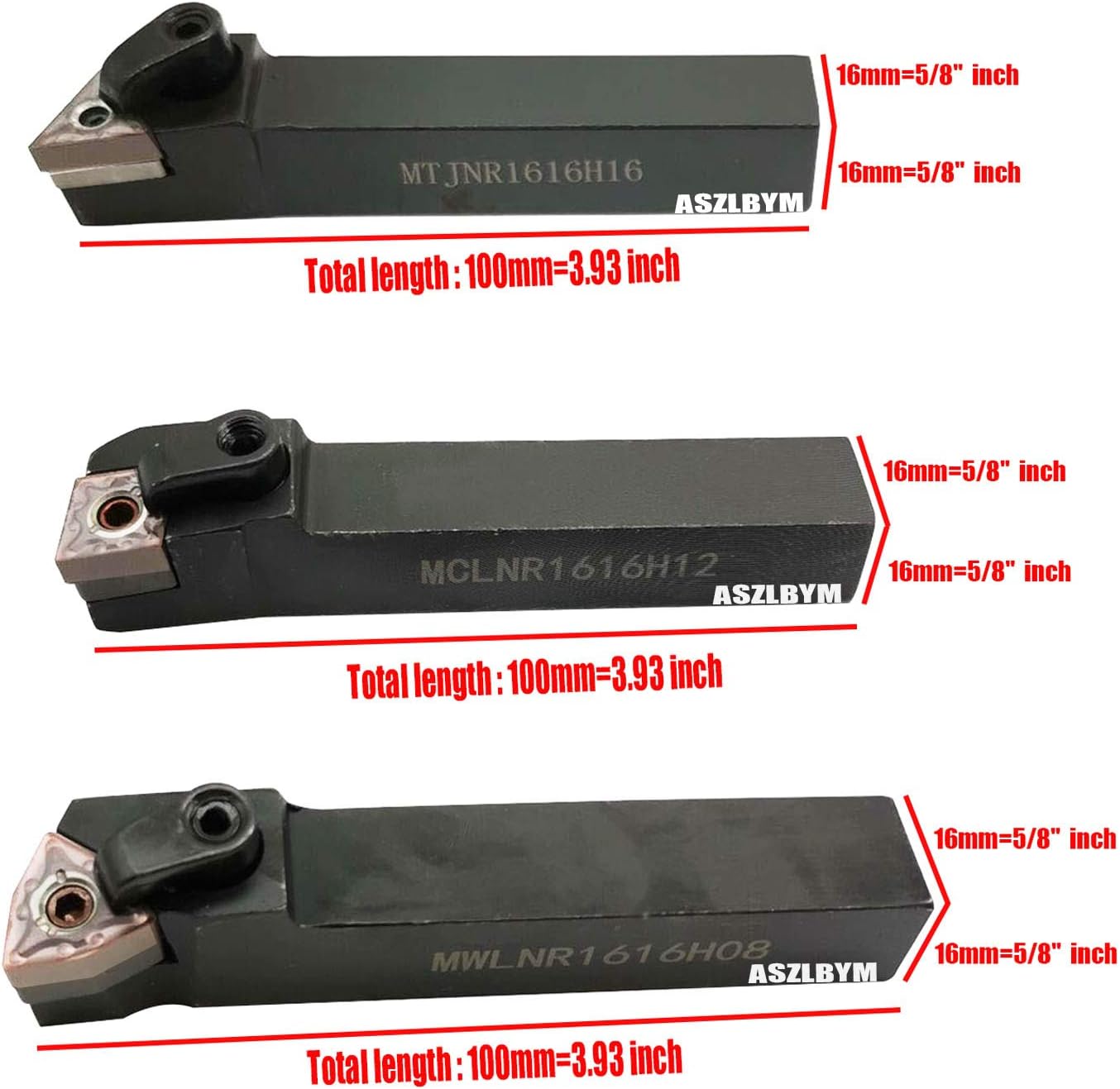 ASZLBYM 5/8" 36PCS Indexable Carbide Lathe Turning Tool Insert Holder Bit Set MTJNR1616H16 + MWLNR1616H08 + MCLNR1616H12 with CNMG 431 + WNMG 431 + TNMG 331 Indexable Carbide Turning Insert Blades