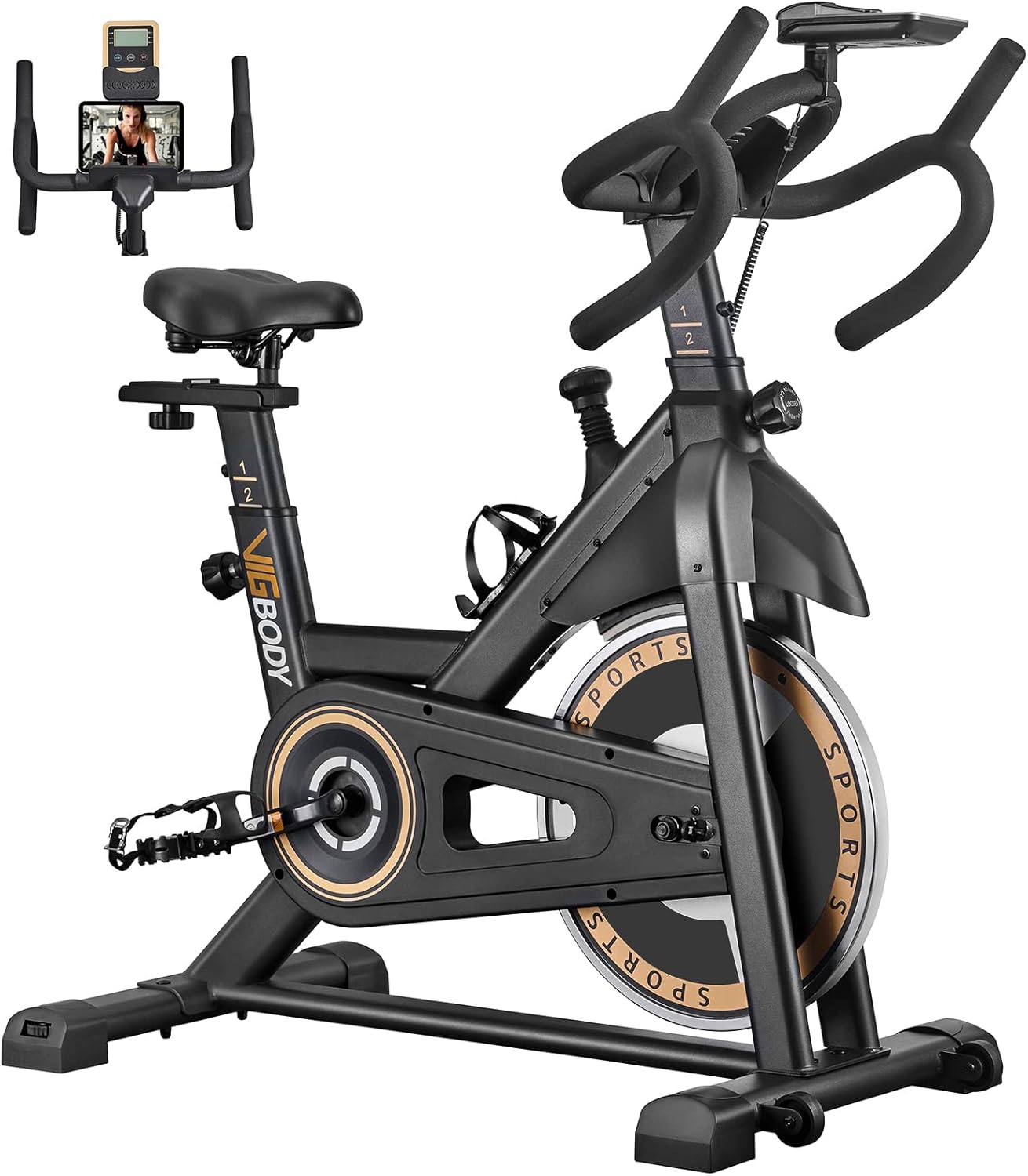 Indoor Cycling Bike Stationary, VIGBODY Exercise Bike Ipad Holder with LCD Monitor Comfortable Seat for Home Cardio Workout Indoor Fitness Training Bike