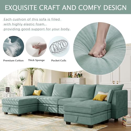 Loveseat U-Shape Sectional, Convertible Bed Chaise for Living Room with Ottomans Reversible Modular Sofa 6 Seater Couch with Storage Seat, Green