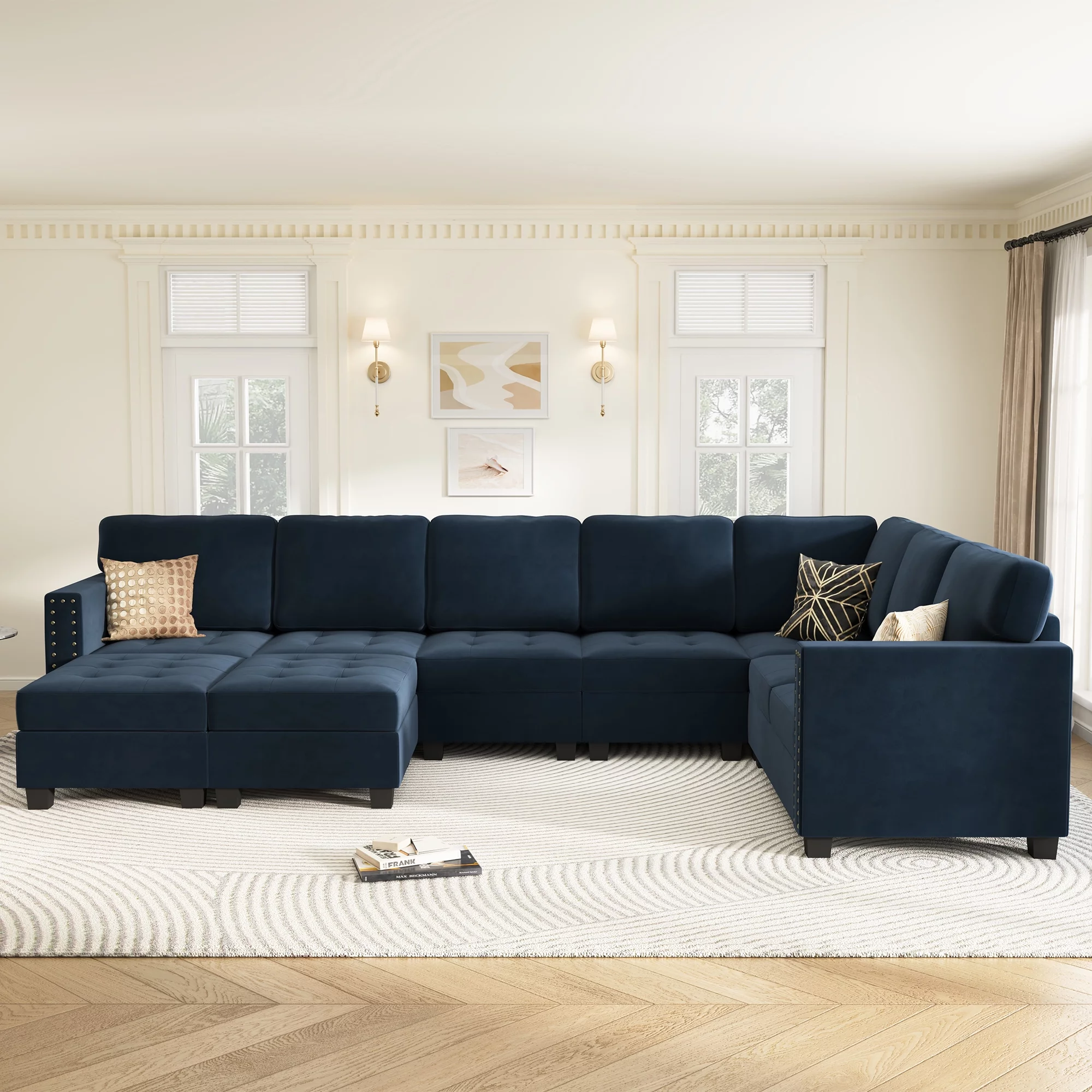 HONBAY U-Shape Tufted Sectional Couch for Apartment Living Room Sofa Couch Sets with Storage Reversible Ottoman(Tray), Dark Navy Blue