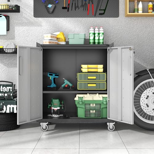 Metal Storage Cabinet with Wheels, Lockable Garage Cabinet with Doors and Shelves, Rolling Tool Storage, Assembly Required, Black