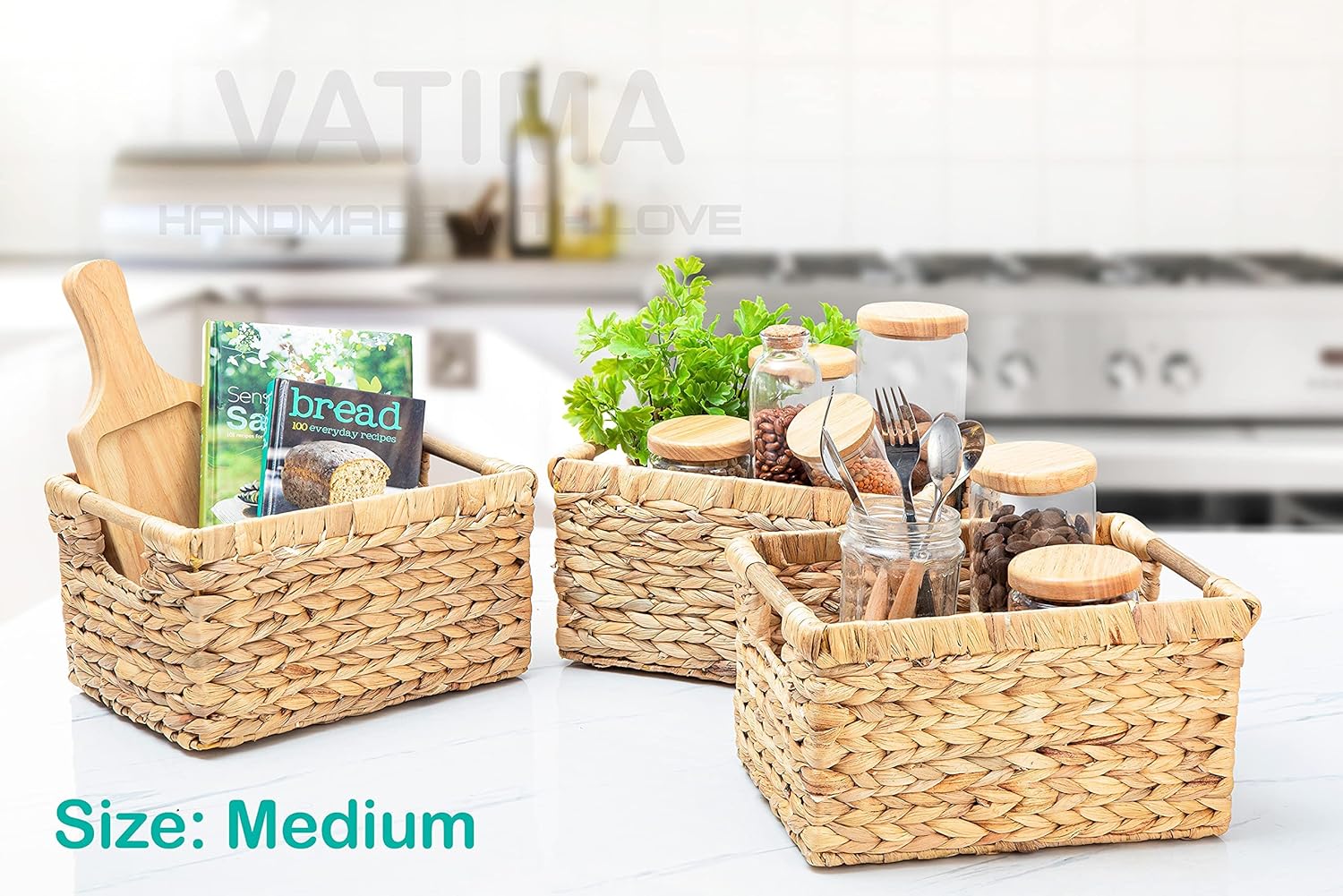 VATIMA Large Wicker Basket Rectangular with Wooden Handles for Shelves, Water Hyacinth Basket Storage, Natural Baskets for Organizing, Wicker Baskets for Storage 14.5 x 10.3 x 7.2 inches